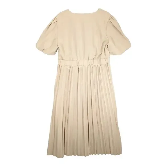 Pretty Garden Women's XL Beige Pleated Wrap Maxi Dress Short Puff Sleeves V-Neck - Picture 2 of 7